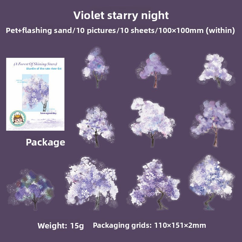 ART EMBOSS Sparkling Galaxy Forest PET Sticker Pack – Tree-Themed Stickers (10 Sheets) Violet starry night