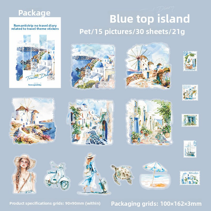 ART EMBOSS Romantic Travel Diary PET Sticker Pack – Travel Stickers (30 Sheets) Blue top island
