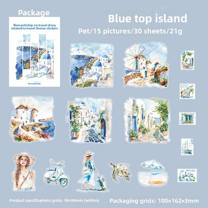 ART EMBOSS Romantic Travel Diary PET Sticker Pack – Travel Stickers (30 Sheets) Blue top island