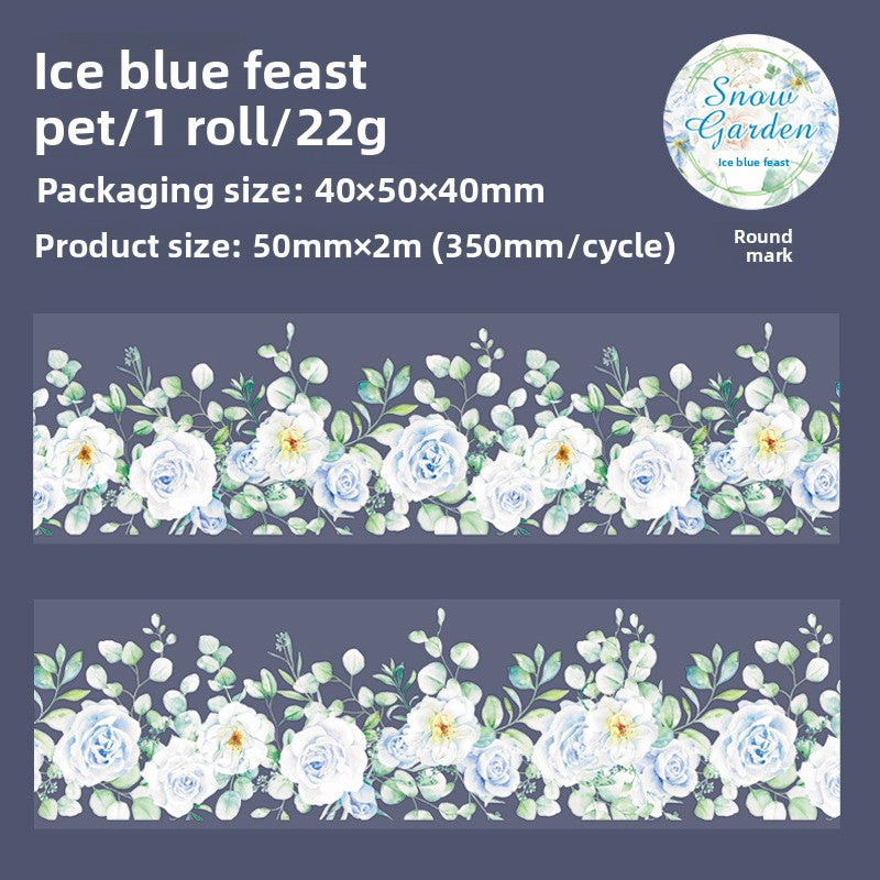 ART EMBOSS Snow Garden PET Sticker Tape – Winter Floral Tape (6 Styles) Ice blue feast