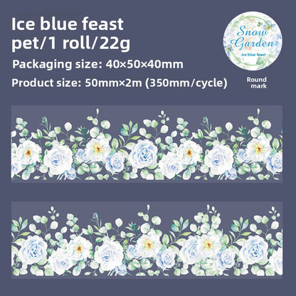 ART EMBOSS Snow Garden PET Sticker Tape – Winter Floral Tape (6 Styles) Ice blue feast